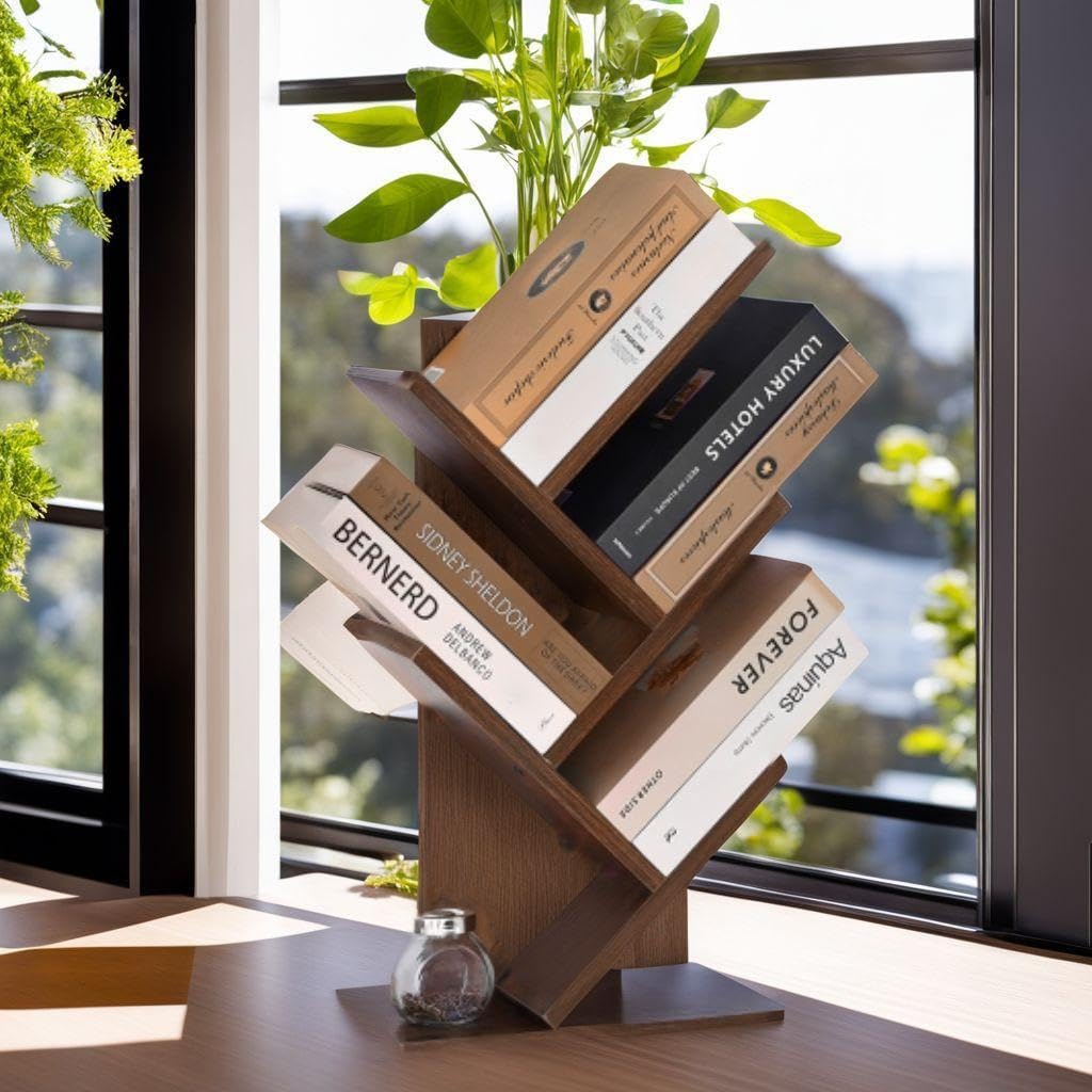 ブックスタンド 木製 本棚 ツリー型デスク上置収納ラック ツリー型